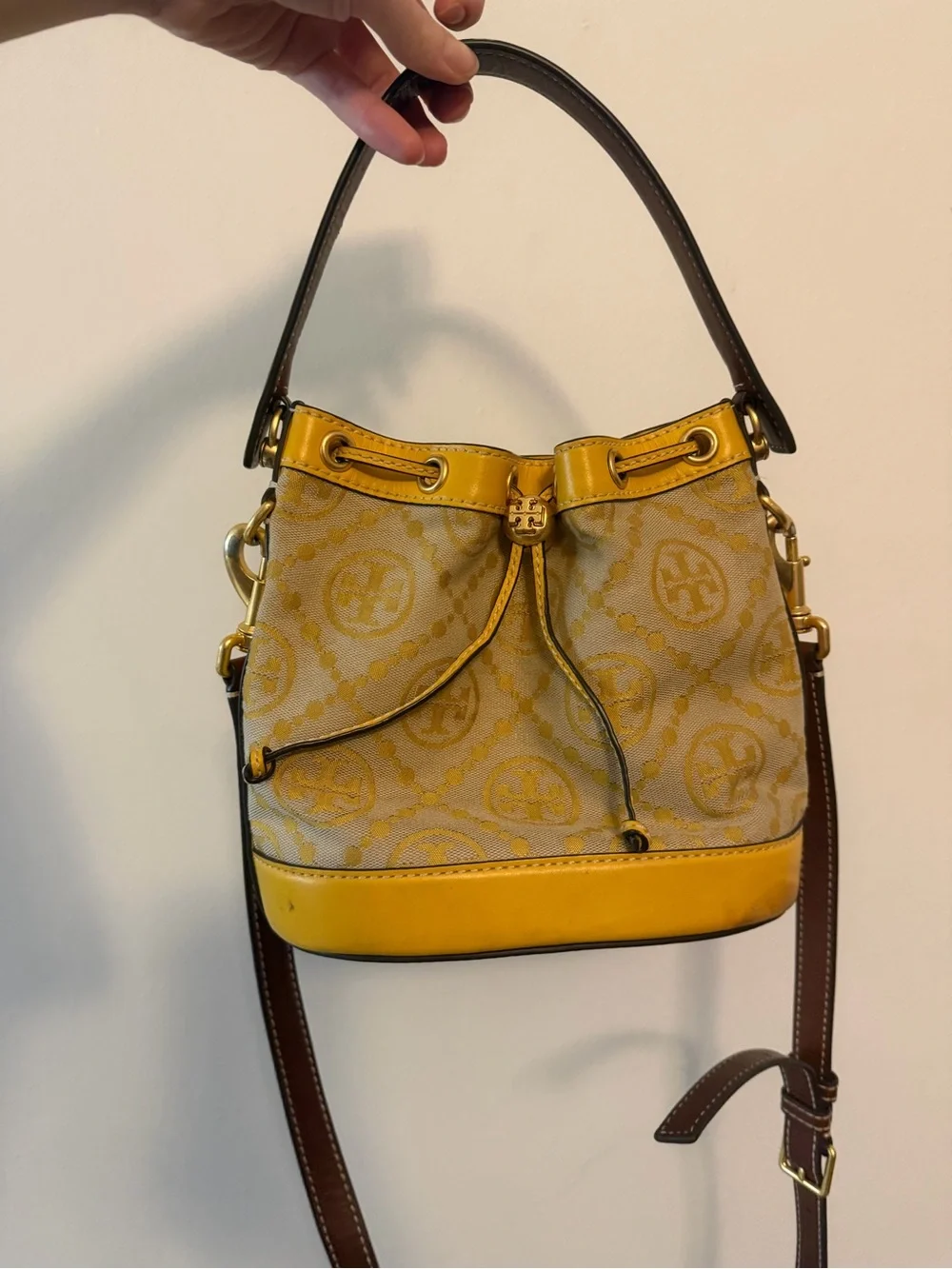Tory Burch Yellow Logo Bucket Shoulder Bag with Brown Strap